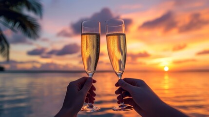 A couple raise a toast with glasses of sparkle wine on a sunset. Close shot.