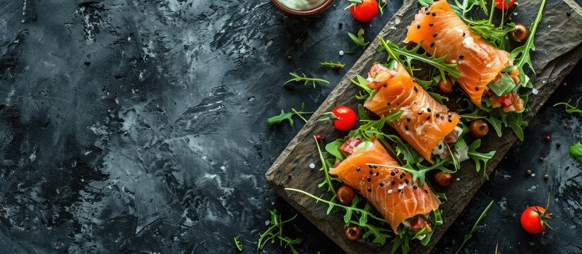 Crepes pancakes rolls with smoked salmon stuffed with wild rocket salad filling served on stone board with fresh creme. Copy space image. Place for adding text