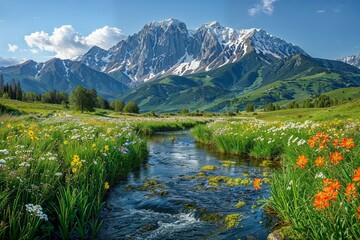 Naklejka na ściany i meble A tranquil green meadow leading to a majestic mountain peak, bathed in the soft light of a summer sunrise, the field alive with colorful flowers, a clear river winding through verdant hills