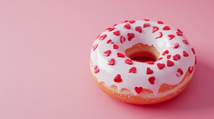 Donuts with red, pink hearts sprinkles on dusty rose pink background. Sugar, calories, homemade sweets concept. st. valentines concept
