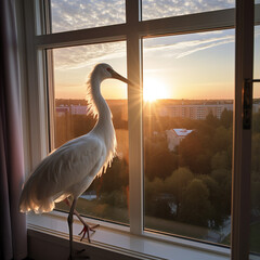  A white stork near the window created with Generative Ai