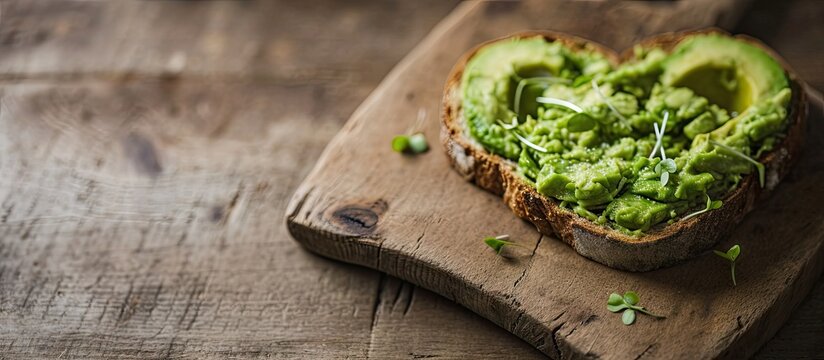 heart shaped healthy avocado toast for valentine day breakfast. Copy space image. Place for adding text