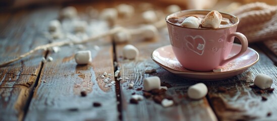 Hot chocolate and a heart shaped marshmallow in a vintage pink cup. Copy space image. Place for adding text
