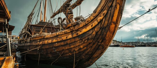 figurehead on the bow of a full scale replica of a viking ship moored in port. Copy space image. Place for adding text - obrazy, fototapety, plakaty