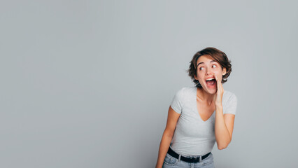 Banner long image of young cute woman spread gossips, talking quite, telling rumour, making...