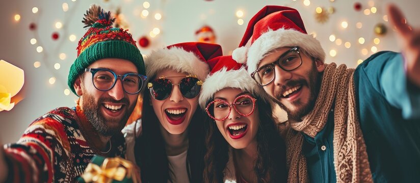 Friends selfie and business people at christmas party in the office with silly accessories Diversity smile and happy corporate colleagues taking picture together with gifts at festive celebrati - Powered by Adobe
