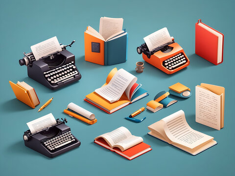 3D write author vector icon set, laptop article, creative story content sign, book paper document design.