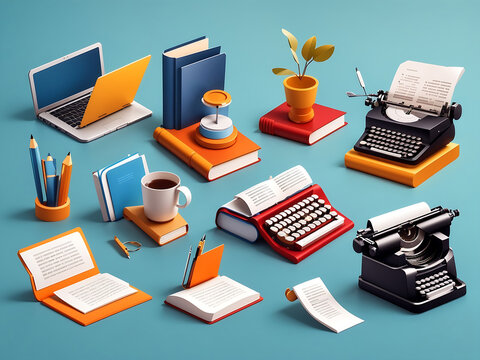 3D write author vector icon set, laptop article, creative story content sign, book paper document design.