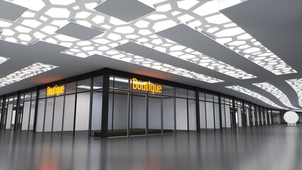 Shopping mall hall, boutique glass storefront and polygon ceiling lighting. 3d illustration