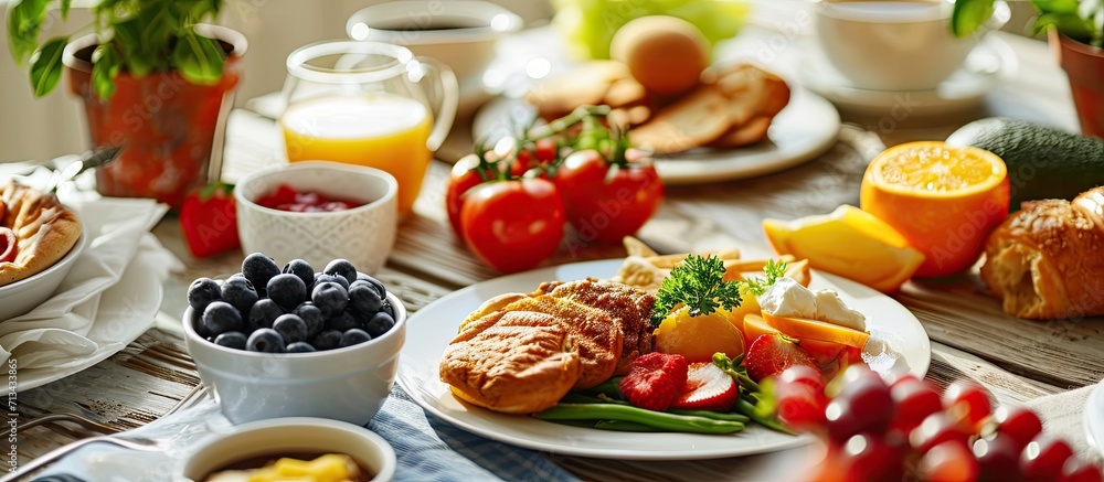 Poster delicious breakfast served for two. copy space image. place for adding text