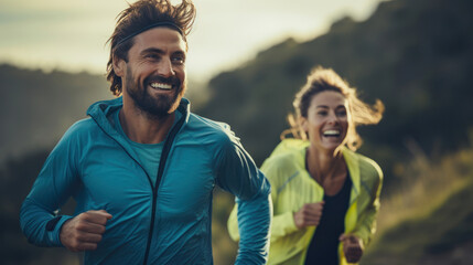 Runners on a mountain trail,  sharing hearty laughter and grins