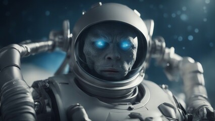 glowing blue eye astronaut in space  A colossal astronaut with a robotic head and metal jaws. 