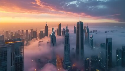 An impressive aerial top view of the city in on a foggy day skyscrapers rising view