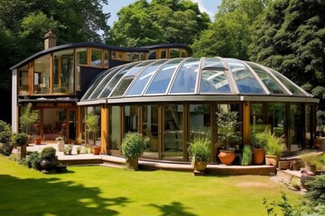 House with conservatory and solar roof. Generative AI - obrazy, fototapety, plakaty