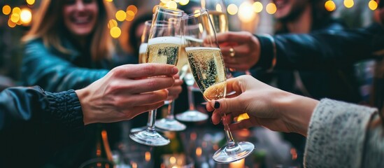 A happy group of friends drinking champagne together. Copy space image. Place for adding text - obrazy, fototapety, plakaty
