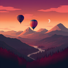 Fototapeta na wymiar A picture illustration of a hot air balloon flying over a mountain range,, hot air balloon flying over a colorful landscape at sunrise