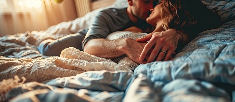 beautiful couple lying together on the bed male hand closeup. Copy space image. Place for adding text