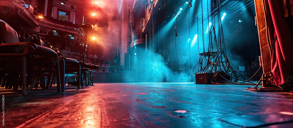 Poster technical equipment at the backstage of theater stage spot lighting rigging structure for a live mus