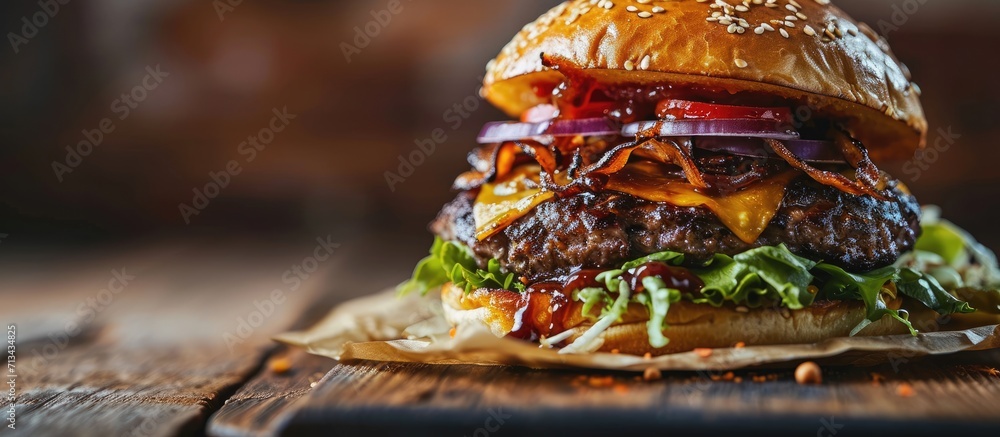 Poster double smash burger with caramelized onion close up. copy space image. place for adding text