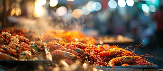 Chinese street food Street trading Chinese kinds of fresh seafood at an asian seafood market in...