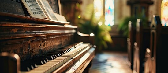 Holy Communion in the church and playing the piano. Copy space image. Place for adding text - obrazy, fototapety, plakaty