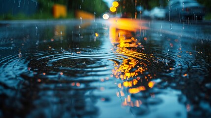 A rainy day in the city in summer. The texture of powerful drops and splashes of water. A puddle with ripples on the road     
