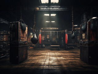 Dark vintage retro old gym boxing bag fitness sport martial arts room interior. 