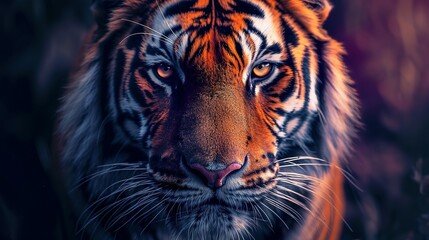 Tiger in forest. tiger in the jungle looking at the camera behind the leaves. beautiful tiger, mysterious forest. in dark purple and bright orange style