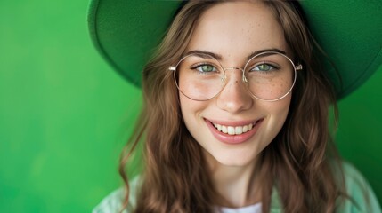 Young woman wearing a st patricks day hat against a green background - obrazy, fototapety, plakaty