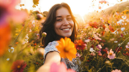 Young happy woman taking selfie in stylish summer dress feeling free in flower blossom field in sunshine, Girl enjoys flowers, Nature, vacation, relax and lifestyle, Summer landscape, generative ai - obrazy, fototapety, plakaty