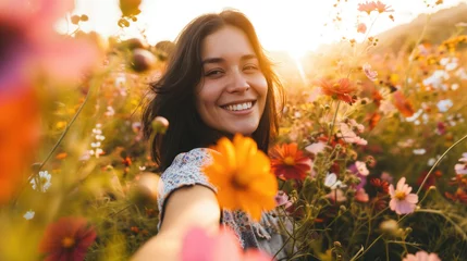 Poster Young happy woman taking selfie in stylish summer dress feeling free in flower blossom field in sunshine, Girl enjoys flowers, Nature, vacation, relax and lifestyle, Summer landscape, generative ai © OP38Studio