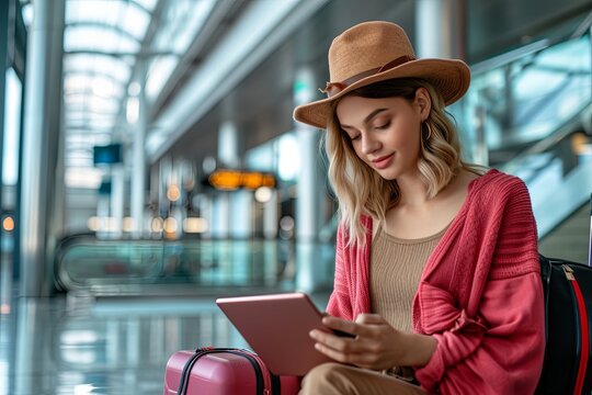 Beautiful smiling young woman reading on digital tablet while waiting for her flight in airport terminal