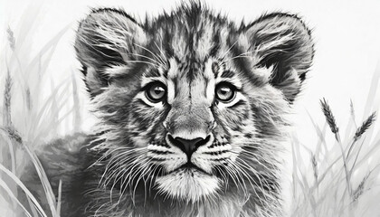 A monochrome masterpiece capturing the intensity of a determined baby lion in attack mode. Ideal for elevating your projects — whether it's a cover, card, postcard, interior design, banner, poster, br