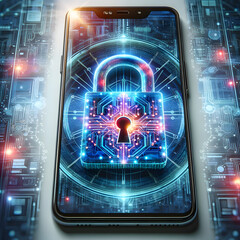 Le Smartphone affiche un cadenas, idéal pour article, blogs traitant de : Piraterie, Cyber sécurité, sécurité informatique, virus, hacker, hacking, pirate, attaque et intelligence artificielle sur tél