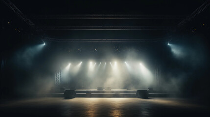 Empty concert stage with illuminated spotlights and smoke. Stage background with copy space 