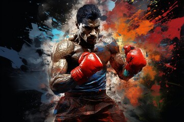 Abstract sports illustration of a muscular boxer with red gloves in the ring, ready to strike