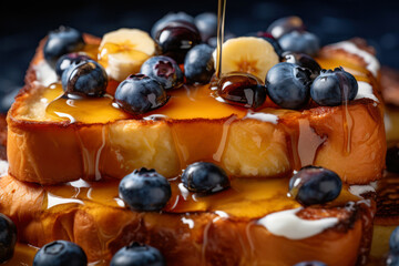 Pouring maple syrup on a pancake with blueberries and bananas - obrazy, fototapety, plakaty