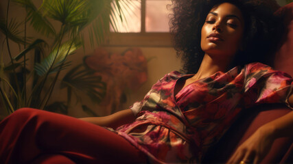 Beautiful african american woman sitting on a sofa in the room. woman Relaxing neo soul - obrazy, fototapety, plakaty