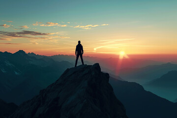 Mountain Summit Silhouette at Sunrise: A triumphant man stands on the rocky top, surrounded by the breathtaking beauty of nature, embodying success and freedom in her adventurous climb