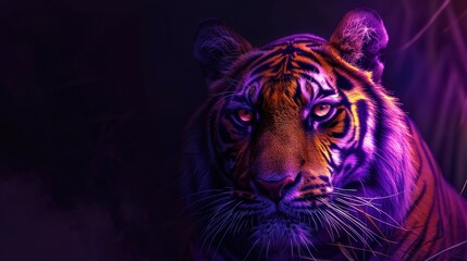 Tiger in forest. tiger in the jungle looking at the camera behind the leaves. beautiful tiger, mysterious forest. in dark purple and bright orange style