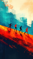 Ilustración estilo Flat Design de personas corriendo hacia una meta, representando la idea de logro y éxito

