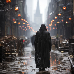 Silhouette of a man in a black robe in a dark alley on a rainy night. Dark character in an imaginary city. - obrazy, fototapety, plakaty