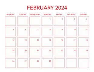 February 2024 simple calendar horizontal - obrazy, fototapety, plakaty