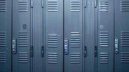 Gym locker. High school student storage cabinet, gray metal closet close up      - obrazy, fototapety, plakaty