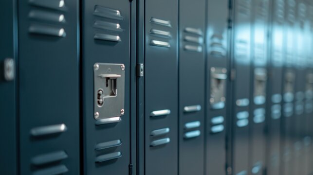 Gym locker. High school student storage cabinet, gray metal closet close up    