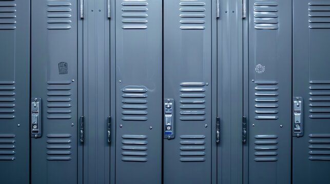 Gym locker. High school student storage cabinet, gray metal closet close up     