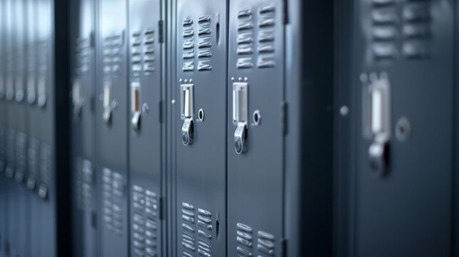 Gym locker. High school student storage cabinet, gray metal closet close up    