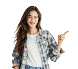 young smiling girl wearing casual clothes looking at the camera and pointing with finger to the right side. product presentation and advertisement