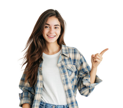 young smiling girl wearing casual clothes looking at the camera and pointing with finger to the right side. product presentation and advertisement