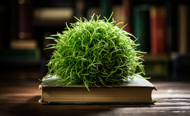 A green plant-shaped ball lies on a book, symbolizing the connection between human knowledge and nature, generative AI